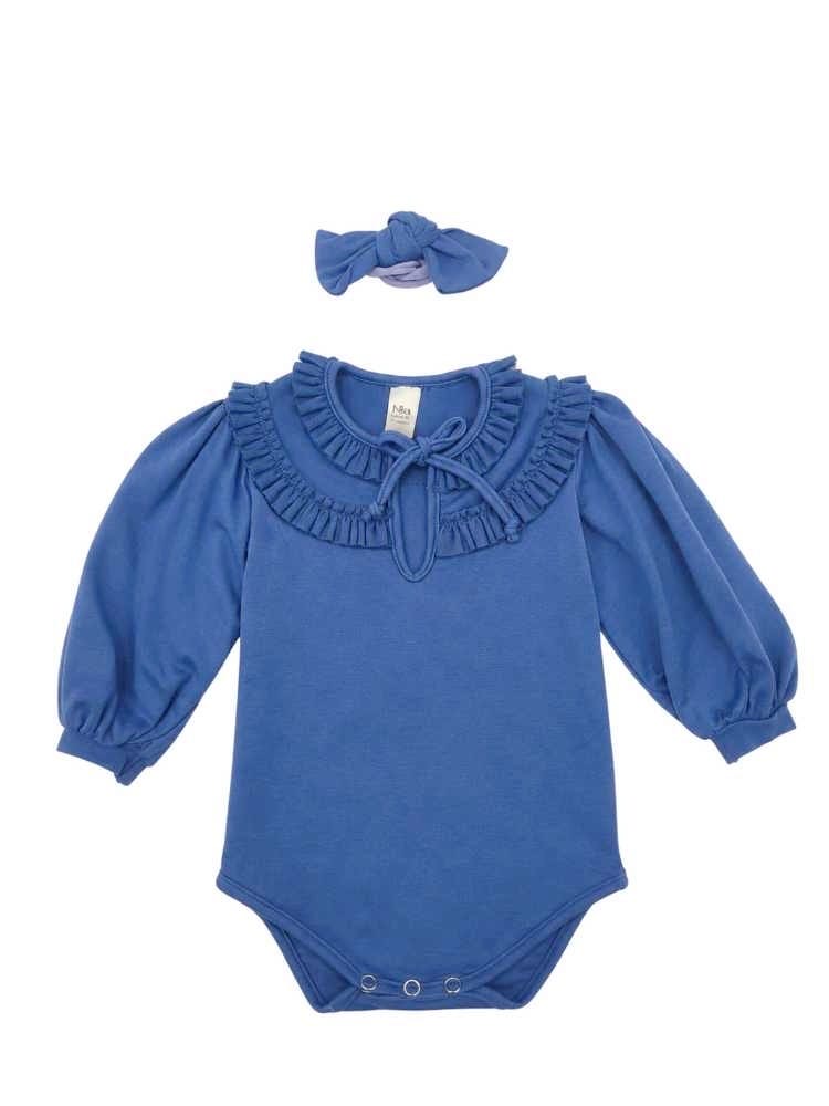 Slate blue baby romper with frill neckline and matching headband