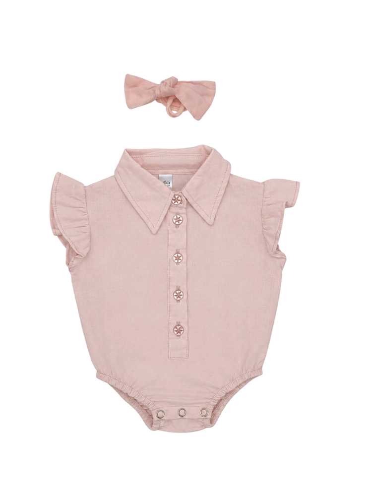 Pastel coral baby shirt romper with collar, button detail and matching headband