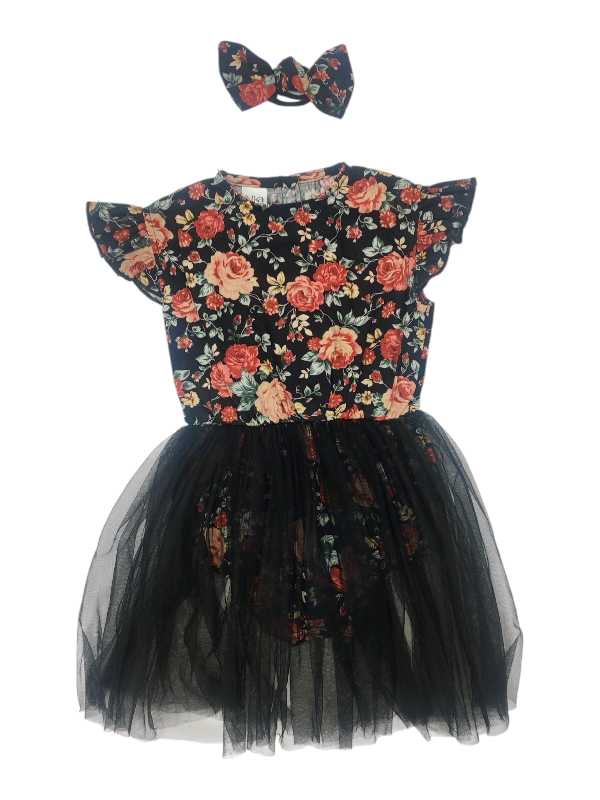 Black floral tutu romper dress with layered tulle skirt, matching belt, and headband