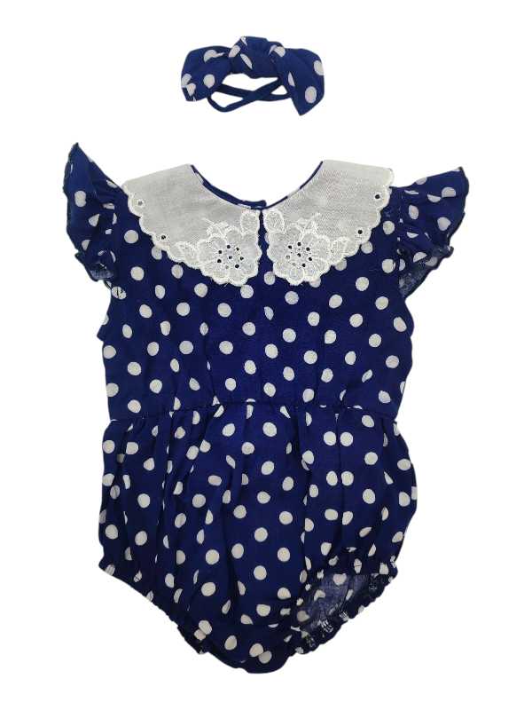 Navy blue and white polka dot romper with lace collar