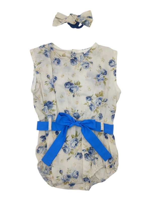 Cream and blue floral cotton romper with matching blue belt and headband
