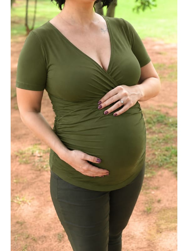 Model wearing olive maternity and breastfeeding top with short sleeves