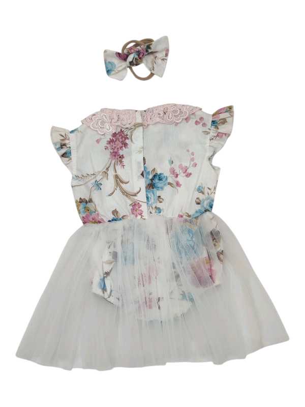 White floral tutu romper with lace collar and headband set - Image 2