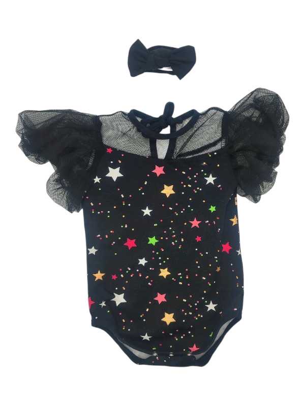 Black colourful stars baby vest with tulle yoke, puff sleeves, and matching headband