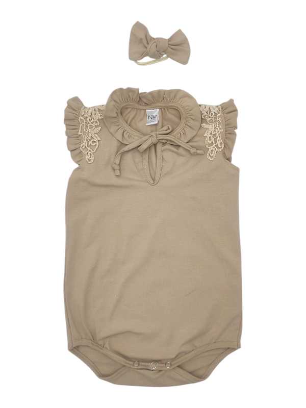 Beige cotton lycra baby vest with lace shoulder detail and matching headband