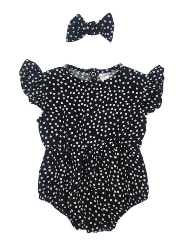 Black and white polka dot viscose romper with matching headband