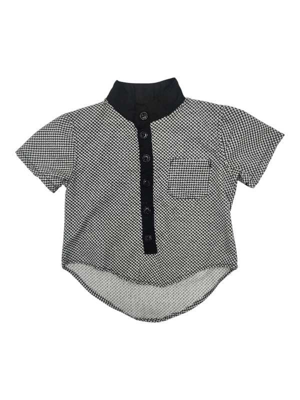 Black and white check boys shirt with mandarin collar and short sleeves