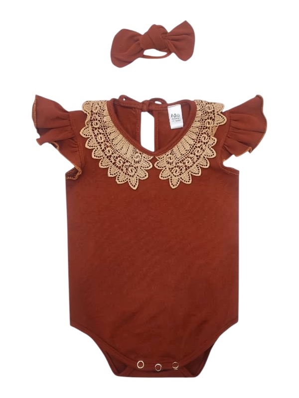 Rust baby romper with lace collar and matching headband