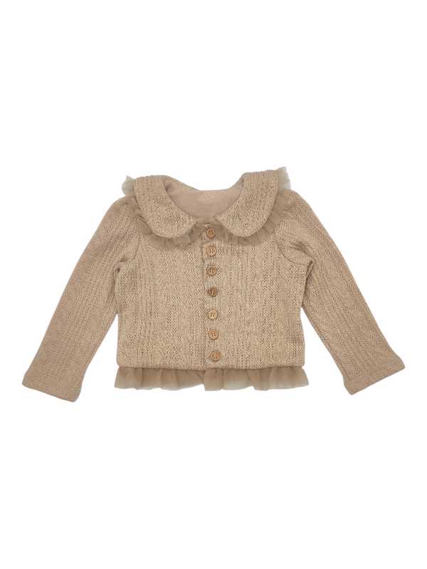 Dark beige knitted jersey with lace Peter Pan collar and decorative buttons