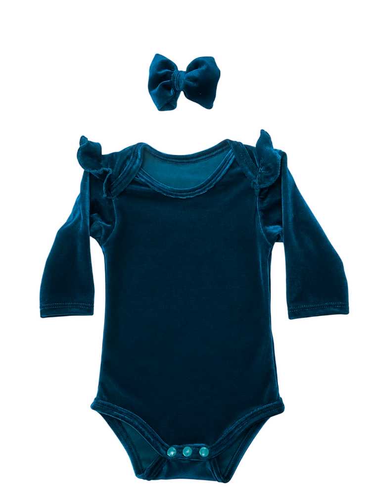 Turquoise velvet baby vest with frill shoulders and matching headband