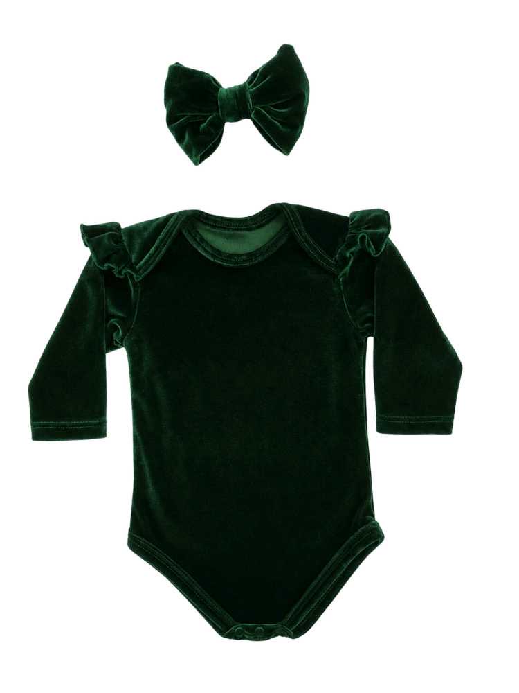 Forest green velvet baby vest with shoulder frills and matching headband