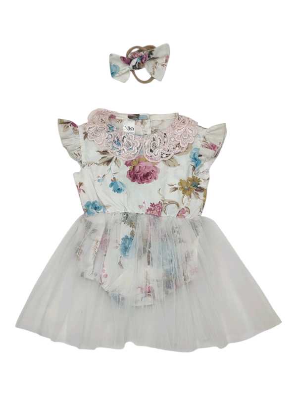 White floral tutu romper with lace collar and matching headband