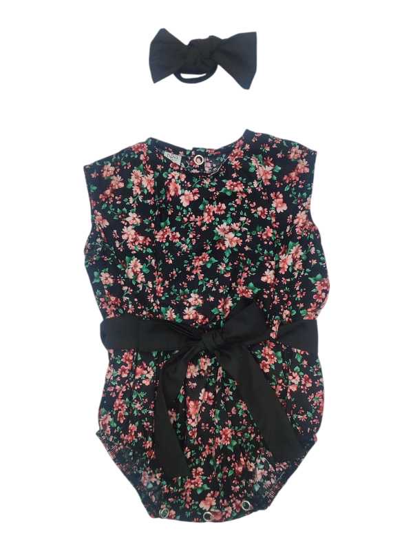 Floral cotton baby romper with matching belt and headband
