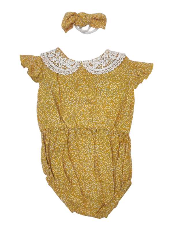 Mustard polka dot baby romper with white lace collar and matching headband