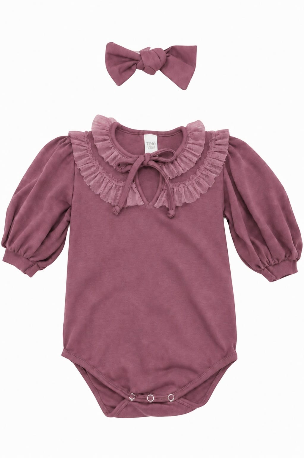 Dark mauve cotton lycra baby vest with tulle frill neckline and matching headband