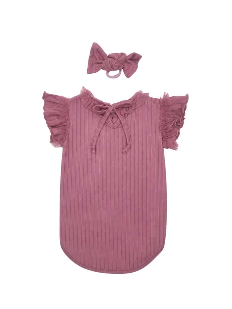 Mauve baby vest with tulle frill details and matching headband