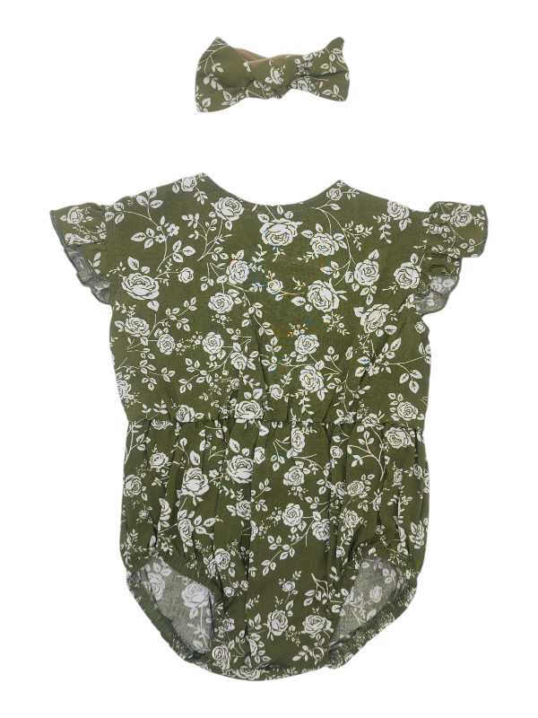 Olive green floral baby romper with frill sleeves and matching headband