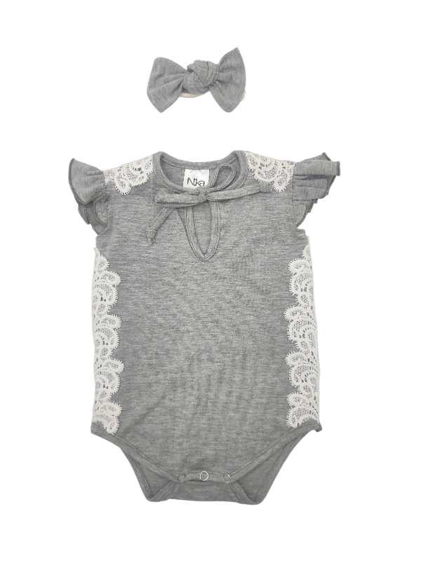 Grey baby vest with white lace detail and matching headband