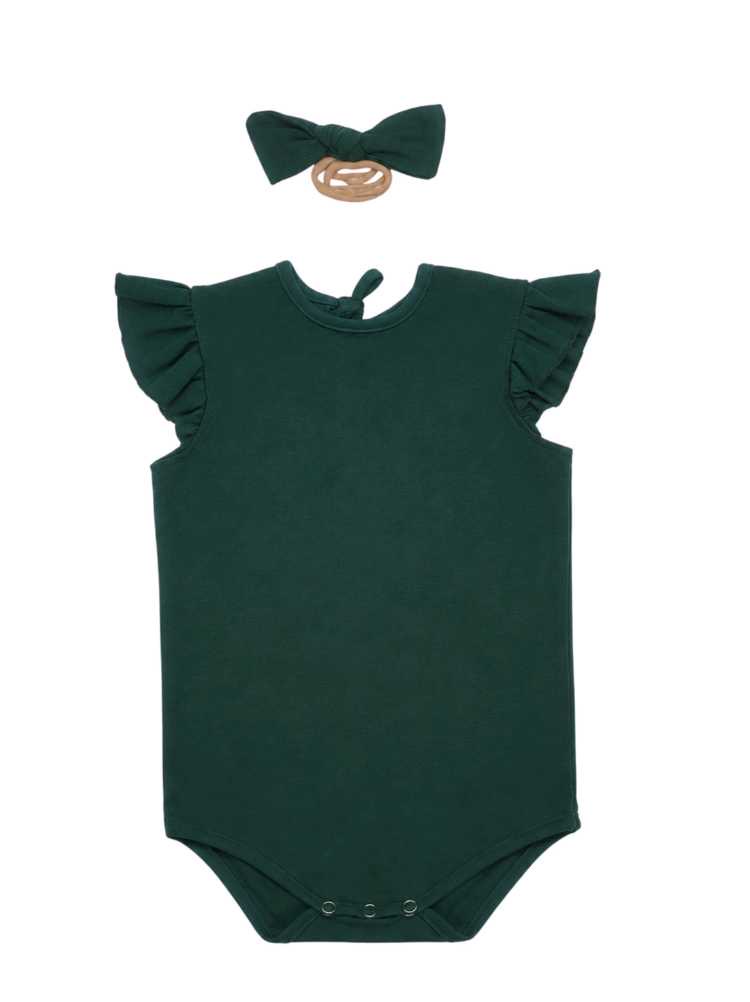 Forest green baby vest with frill sleeves and matching headband