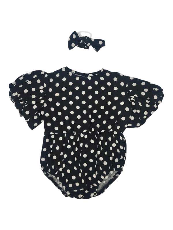 Black and white polka dot viscose romper with matching headband