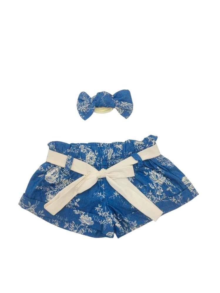 floral denim paperbag shorts with matching belt and headband set for girls