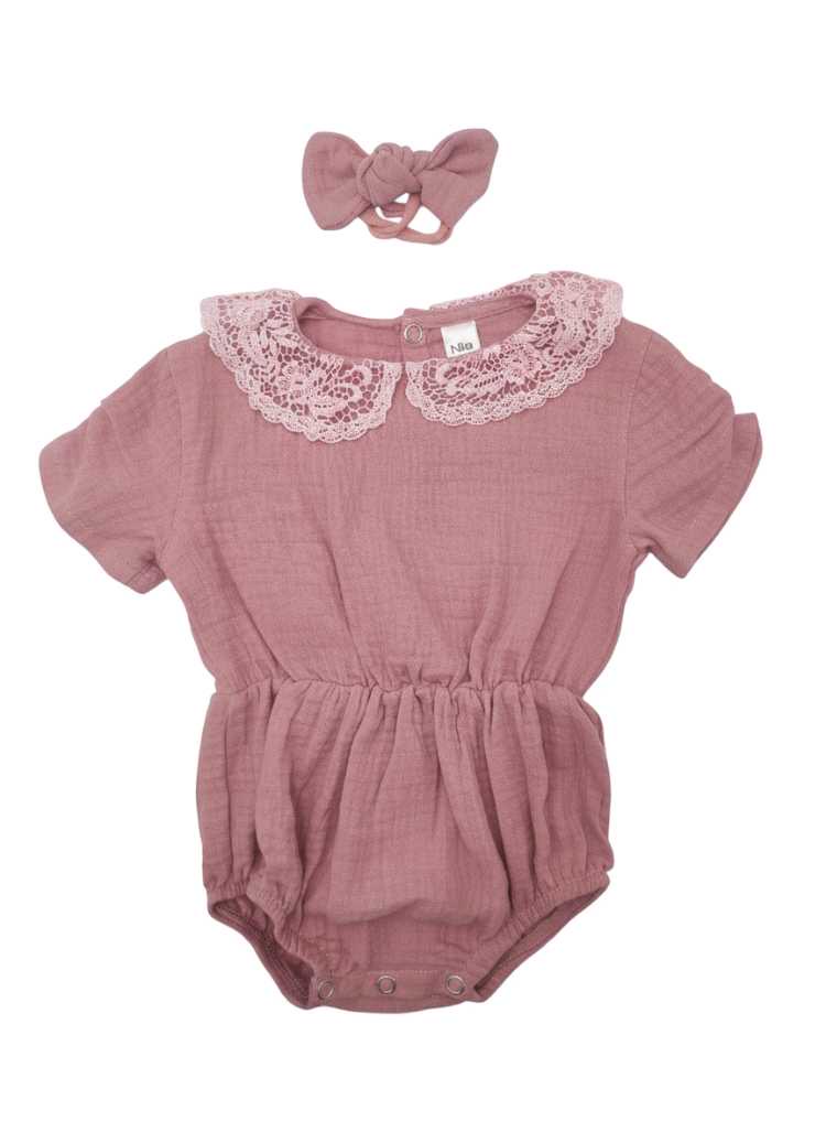 Dusty pink muslin baby romper with lace collar and matching headband