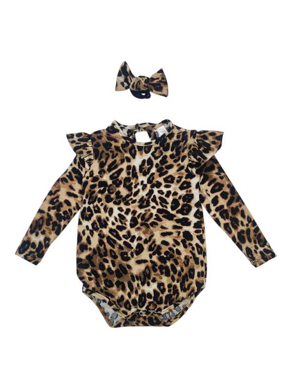 Leopard print long sleeve baby vest with frill shoulders and matching headband