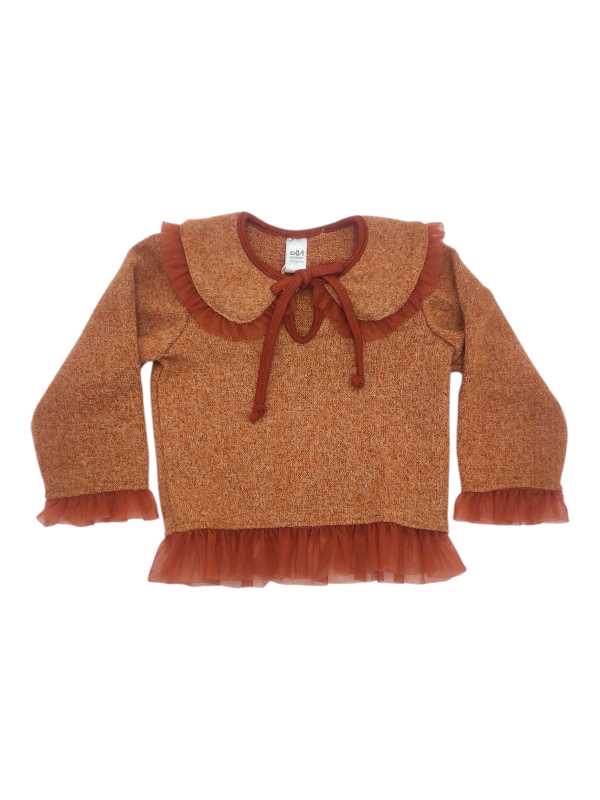 Rust cashmere jersey with Peter Pan collar and tulle trim