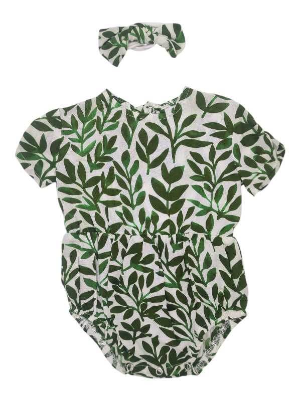 Green and white leaf print baby romper with matching headband