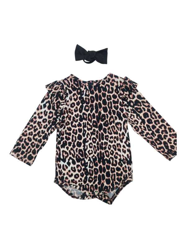 Animal print long sleeve baby vest with frill shoulders and matching headband Title