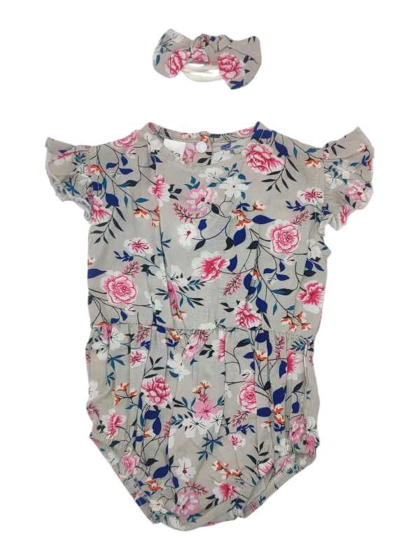 Grey floral baby romper with matching headband