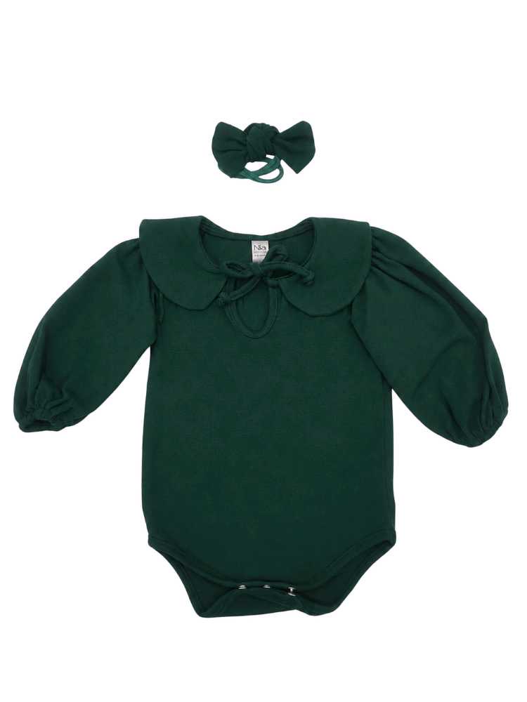 Forest green baby vest with Peter Pan collar and matching headband