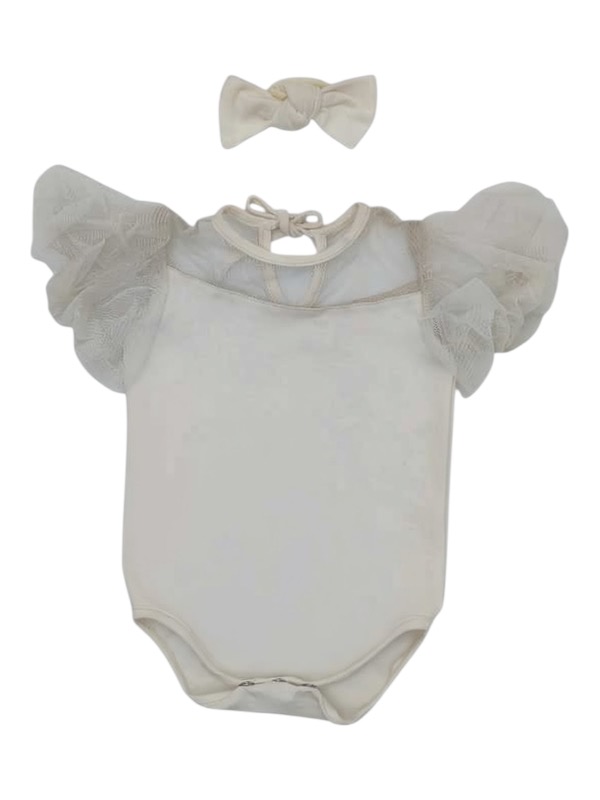 Cream cotton lycra baby vest with tulle yoke, puffy sleeves, and matching headband