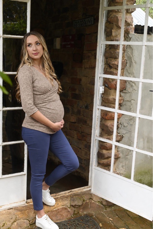 Beige angora knit maternity and breastfeeding top with