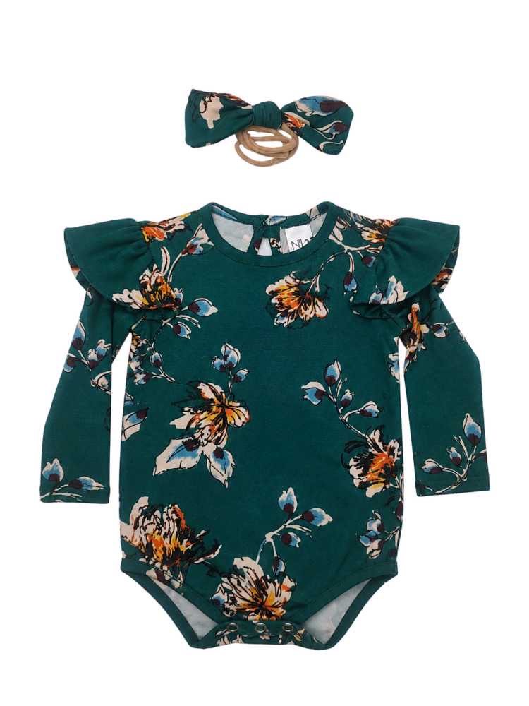 Forest green floral baby vest with shoulder frills and matching headband
