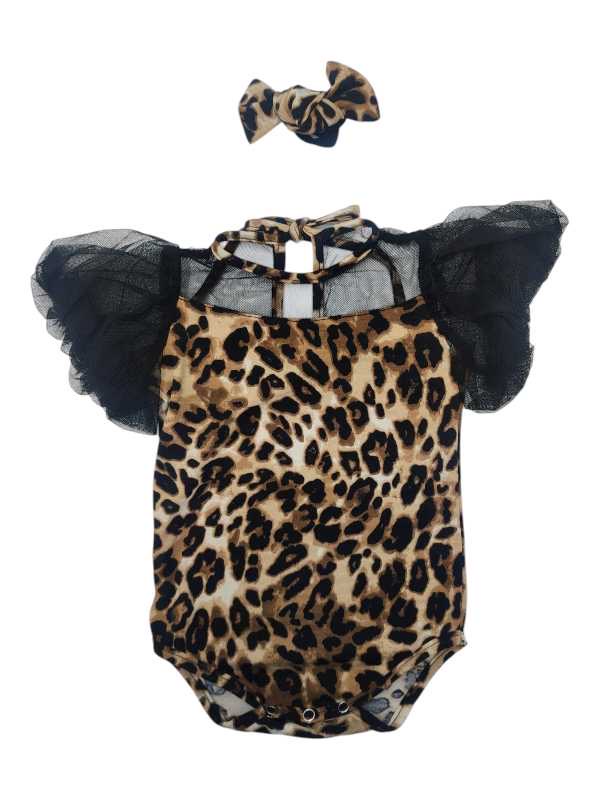 Leopard print baby vest with black tulle yoke puff sleeves and matching headband