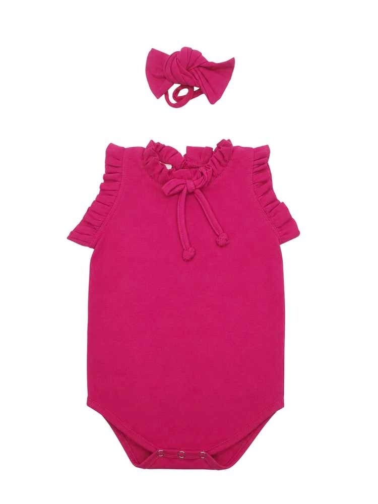 Cerise pink cotton lycra baby vest with frill details and matching headband