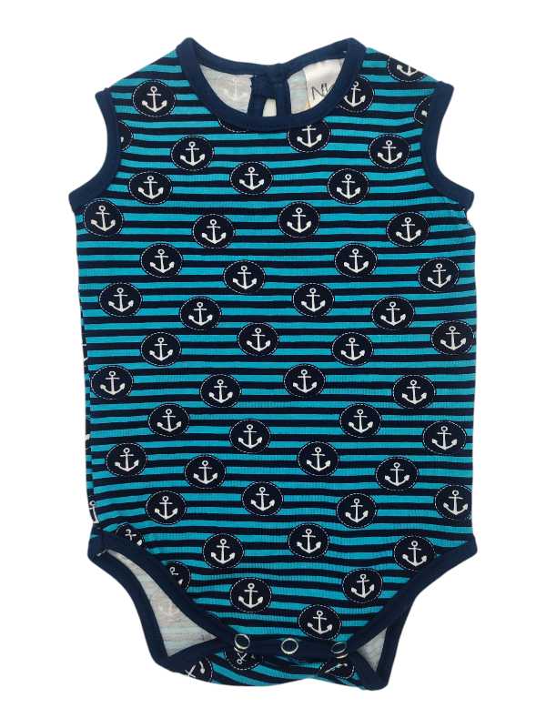 Teal blue striped anchor vest romper for baby boys made from cotton Lycra