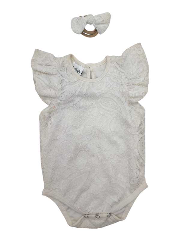 Cream lace baby vest with frill shoulders and matching lace headband