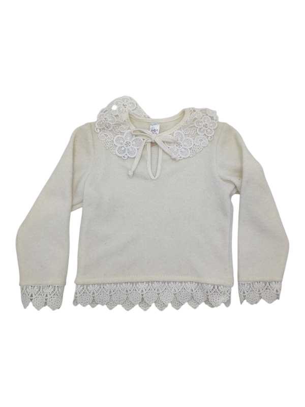 Cream cashmere jersey with lace collar and lace cuff detail