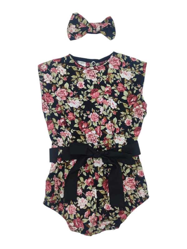 Black floral cotton romper with matching belt and headband set