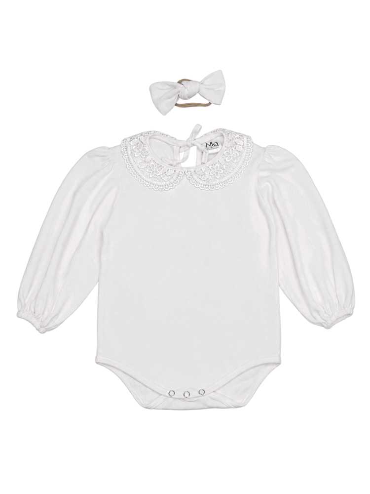Cream white cotton lycra baby vest with lace collar and matching headband
