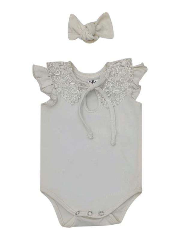 Cream white cotton lycra baby vest with lace collar, frill sleeves, and matching headband