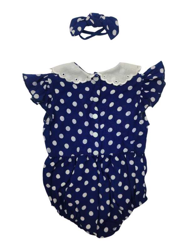 Navy blue and white polka dot romper with lace collar - Image 2