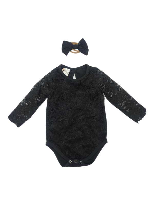 Black lace baby vest with long sleeves and matching headband