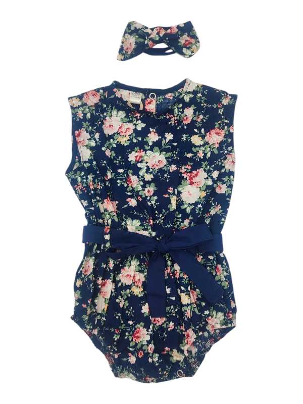 Navy floral baby romper with matching belt and headband set