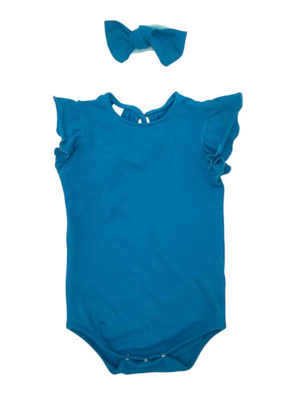 Teal baby vest with frilly sleeves and matching headband