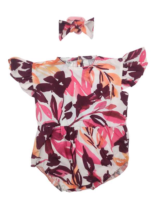 Purple floral baby romper with frilly sleeves and matching headband