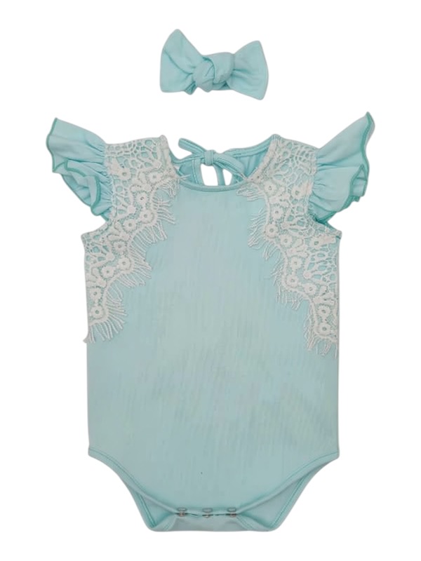 Pastel blue baby romper with white lace detail and matching headband