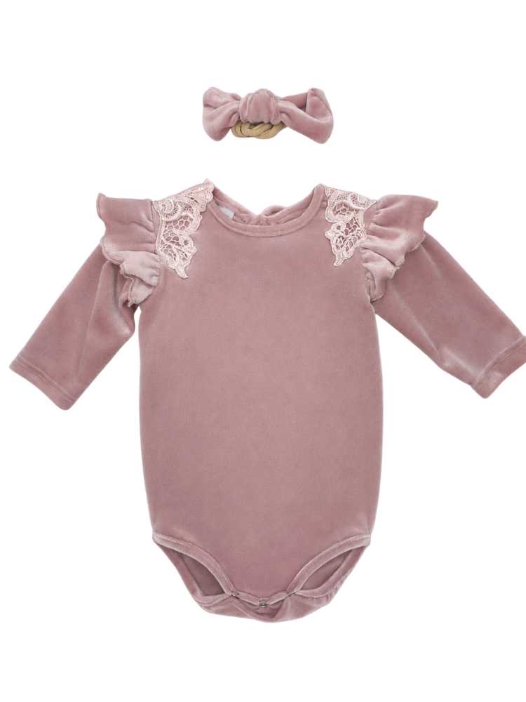 Dusty pink velvet baby vest with lace shoulder details and matching headband